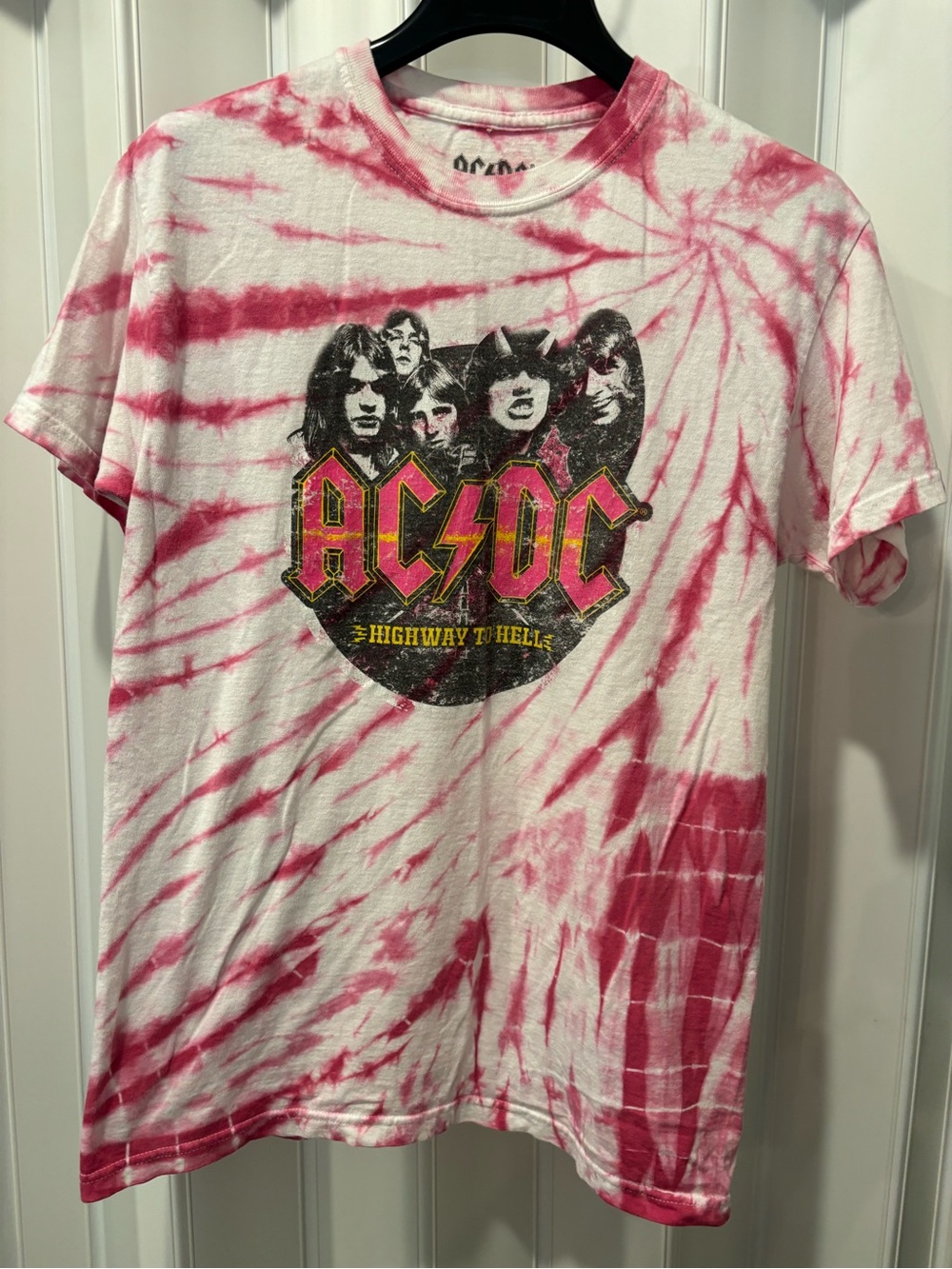 AC/DC Tie-Dye Band Tee - Pink & White Size Medium